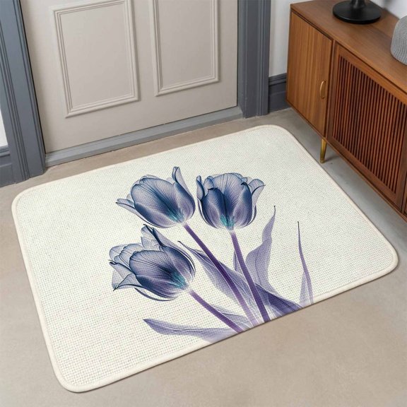 Abstract Blue Front Door Mat Indoor Entrance, Tulip Ray White Texture Absorbent Dirt Resist Welcome Mats Non-Slip Low-Profile Doormat Washable Entry Rug Indoor Outdoor 17x30 Inch