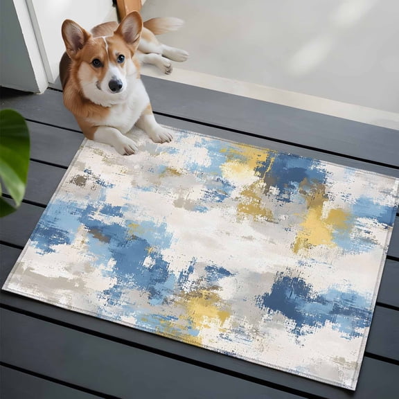 Abstract Blue Front Door Rugs 2x3 ft Gray Yellow Mottled Texture Modern Art Small Rug for Entryway Non Slip Washable Bathroom Door Mat Absorbent Floor Mat for Indoor Entrance