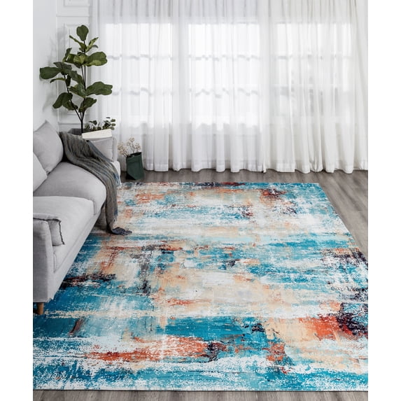Abstract Blue/Gold Area Rug 5'6" x 8'6" 6' x 9' Living Room,Entryway,Bedroom