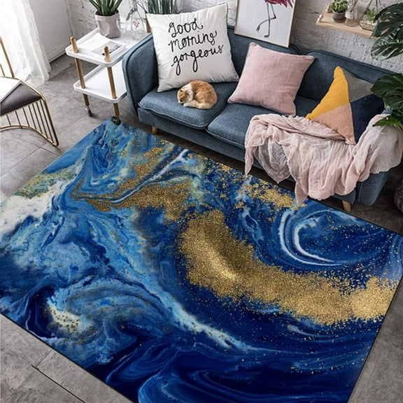 Abstract Blue Gold Area Rug, Modern Art Deco Design Carpet, Washable Non Slip Soft Pile, Living Room Bedroom Dining Room Office Kitchen Mat 2x3ft