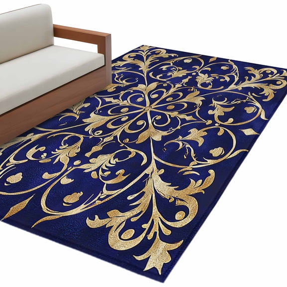 Abstract Blue Gold Area Rug Washable 3x5 Entryway Rug Non-Slip Indoor Low Pile Luxurious Traditional Flower Leaf Floor Carpet Small Rugs for Bedroom Office Living Room Kitchen Entrance Nursery