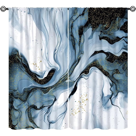 Abstract Blue Gold Blackout Curtains, Ink Marble Ombre Texture Pattern ...