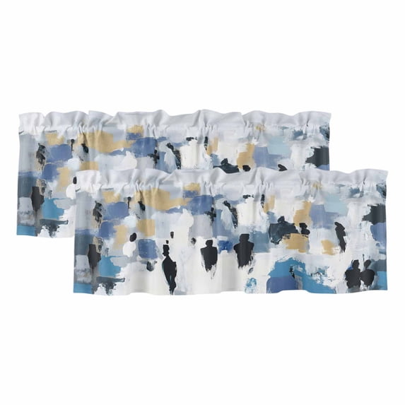 Abstract Blue Gold Curtain Valances for Windows, Kitchen Valance Window Treatments Panel 2 Pack, Modern Oil Painting Art Rod Pocket Short Curtains for Bathroom Bedroom 42 x 18 Inch