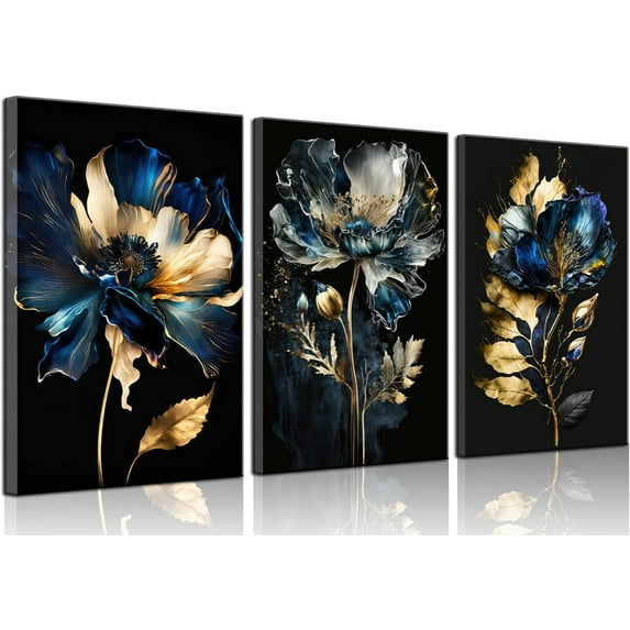 Abstract Blue and Gold Flower Canvas Wall Art Set of 3 Blooming Flowers Paintings Pictures Wall Decor Modern Neutral Black Luxury Posters Prints for Bedroom Living Room Home Decoration 16x24in