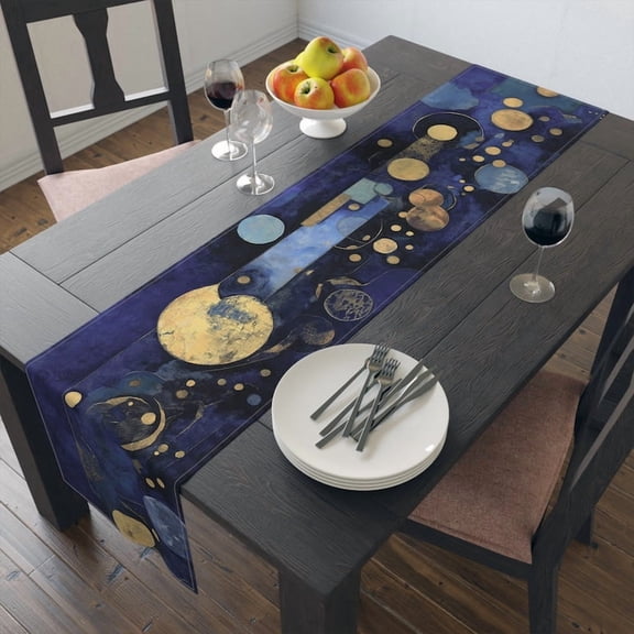 Abstract Blue & Gold Geometric Hanukkah Printed Linen Table Runner 70x13 Inch, Festival of Lights Décor