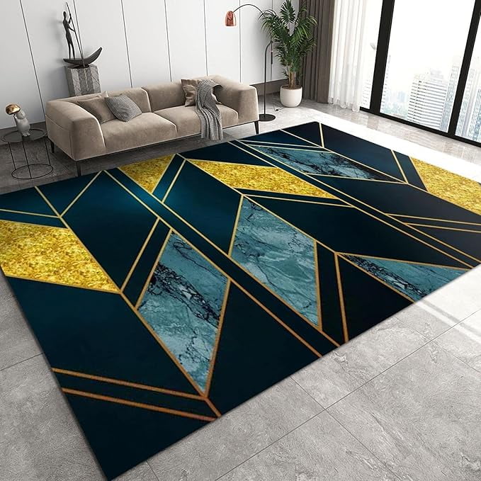 Abstract Blue Gold Geometric Pattern Area Rug, Luxury Golden Irregular