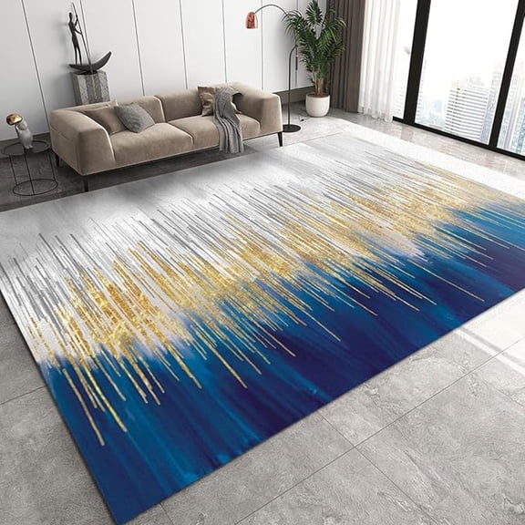 Abstract Blue Gold Gray Striped Area Rug, Gray Gold Navy Blue Rugs Floor Carpet, Indoor Non-Slip Rug For Room Sofa Living Room Mat Bedroom Home Decor Floor Mats 5x6ft