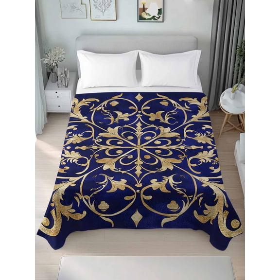 Abstract Blue Gold King Size Flat Sheet, Wrinkleproof & Fadeproof Cooling Flat Bed Sheet Only, Luxurious Traditional Flower Leaf Breathable Soft Bedding Top Sheets 105 x 98 Inches