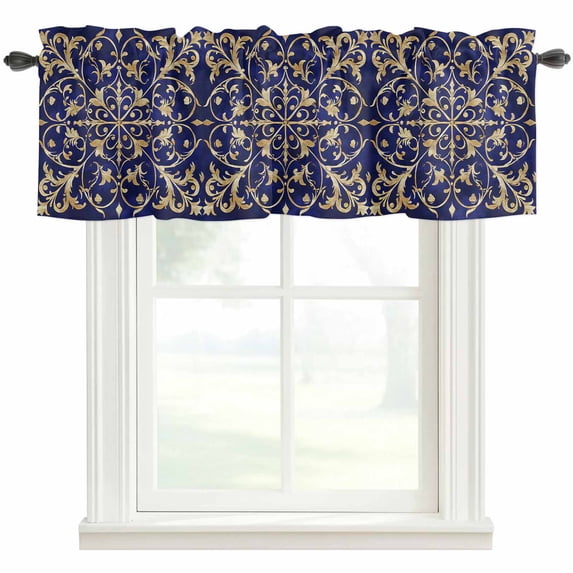 Abstract Blue Gold Kitchen Valances for Windows, Luxurious Traditional Flower Leaf Bathroom Window Valances 42x12 Inch Rod Pocket Window Treatments Valance Curtains for Living Room Bedroom Decor
