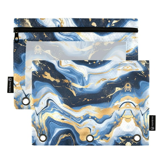 Abstract Blue Gold Marble 2 Pack Pencil Pouch for 3 Ring Binder Smooth Zipper Folders with Pockets Clear Window Pencil Case