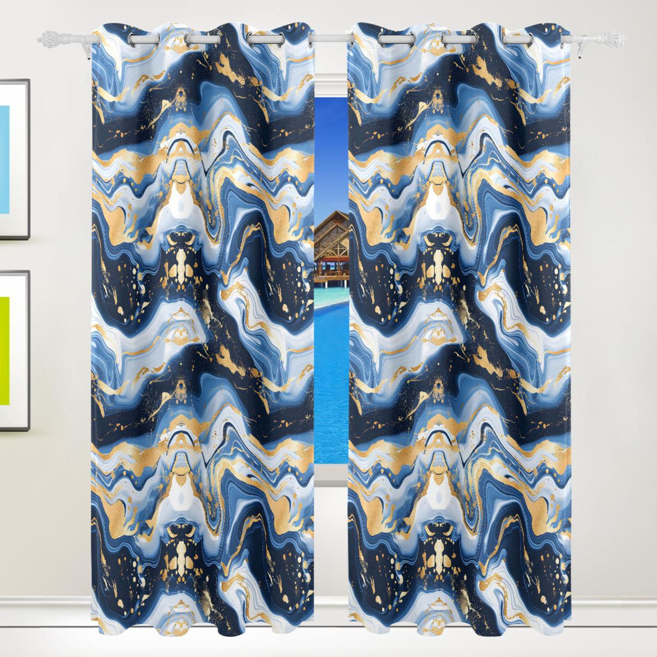 Abstract Blue Gold Marble Blackout Curtains 84 inch Length 2 Panels