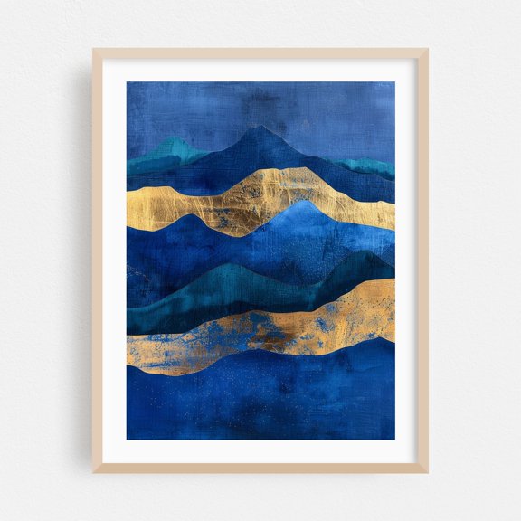 Abstract Blue and Gold Mountain Landscape with Textured Layers and Glittering Stars - Painting Abstract Modern Art Geometric Landscape Mountain Nature Oak Framed Wall Art Print 5 x 7 inches