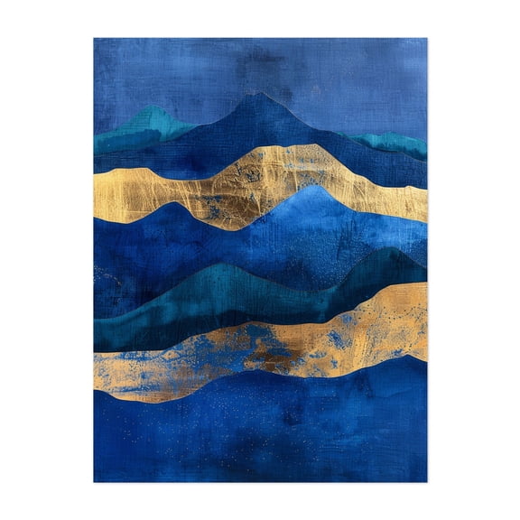 Abstract Blue and Gold Mountain Landscape with Textured Layers and Glittering Stars - Painting Abstract Modern Art Geometric Landscape Mountain Nature Unframed Wall Art Print 9 x 12 inches