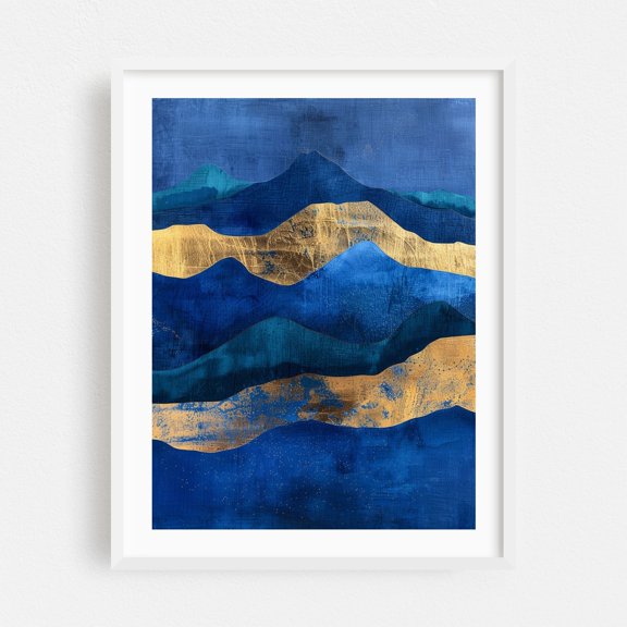 Abstract Blue and Gold Mountain Landscape with Textured Layers and Glittering Stars - Painting Abstract Modern Art Geometric Landscape Mountain Nature White Framed Wall Art Print 5 x 7 inches