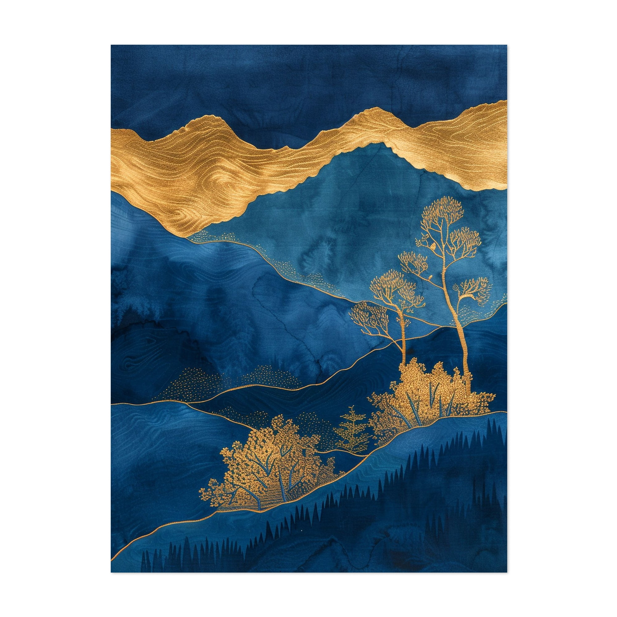 Abstract Blue and Gold Mountain Landscape with Trees and Wavy Lines ...