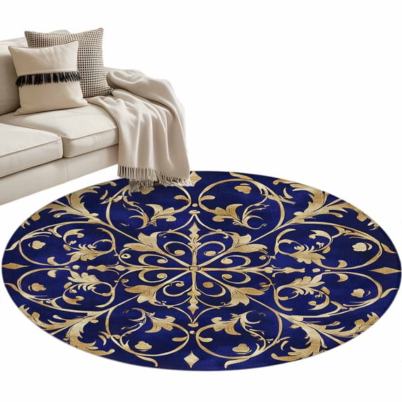 Abstract Blue Gold Round Rug 3ft Area Rug Washable Soft Non-Slip 3' Circle Low Pile Rugs Luxurious Traditional Flower Leaf Carpet for Bedroom Living Room Entryway Home Office Dining Room