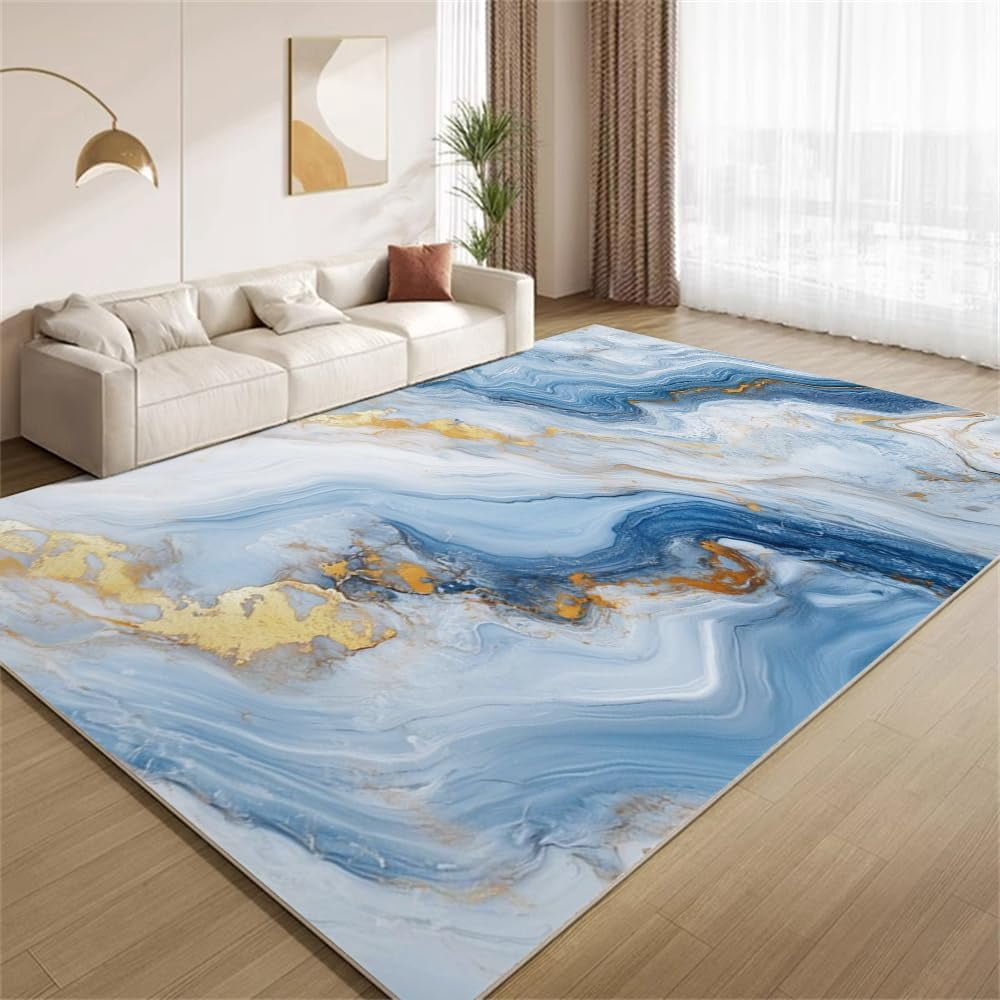 Abstract Blue Gold Rug 3x5 Small Area Rugs Fluid Gold Foil Texture Rugs ...