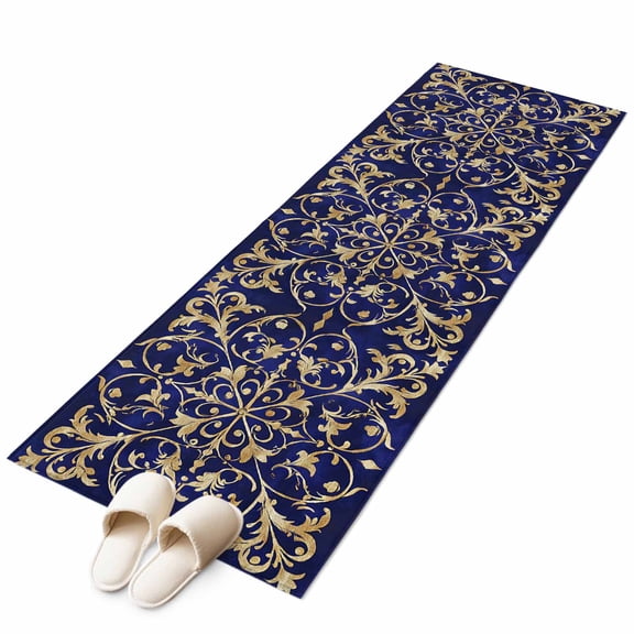 Abstract Blue Gold Runner Rug 2x6 Washable Kitchen Rug Non-Slip Lightweight Thin Soft Low Pile Bathroom Runner Luxurious Traditional Flower Leaf Carpet for Hallway Laundry Room Bedroom Entryway