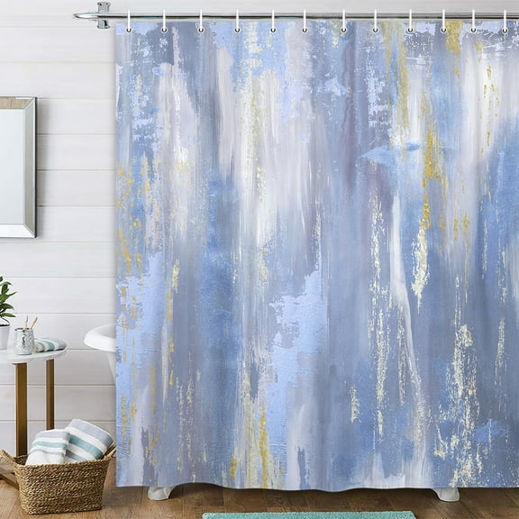 Abstract Blue Gold Shower Curtain, Modern Neutral Marble Boho Ombre Minimalist Chic Art Shower Curtain for Bathroom, Bright Blue Grey Gray Fabric Bathroom Bathtub Curtain with 12 Hooks, 70X70IN