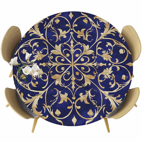 Abstract Blue Gold Table Cloth, Round Fitted Tablecloths with Elastic Edge, Luxurious Traditional Flower Leaf Wipeable Waterproof Table Cover for Kitchen Wedding 45-54 Inches