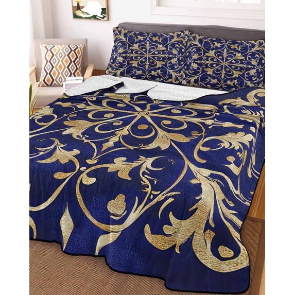 Abstract Blue Gold Twin Size Down Alternative Comforter, Lightweight Comforter Quilt Bedding Set with Pillow Shams Luxurious Traditional Flower Leaf All Seasons Bed Comforter Duvet Insert 68"x86"