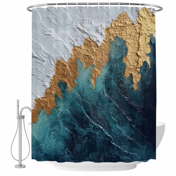 Abstract Blue Golden White Waves Fabric Shower Curtain Modern Art Washable Shower Curtains for Bathroom, Waterproof Bath Curtain with Hooks Home Decor 36x72in
