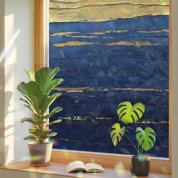 Abstract Blue Golden Window Privacy Film Rainbow Static Cling Stain Glass Window Film for Glass Door, Decorative Sunroof Decal Sticker for Car Bathroom Home 23.6"x59" Modernism Oil Painting Art