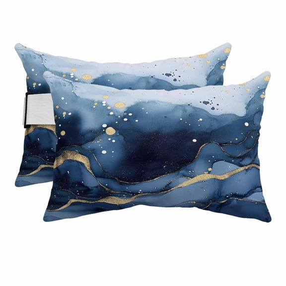 Abstract Blue Gradient Gold Stripe Outdoor Pillow for Chaise Lounge Chair,Head RestingPillow with Insert, Natural Marble Stone Texture Waterproof Lumbar Pillows for Patio,11"x16" 2 Pack
