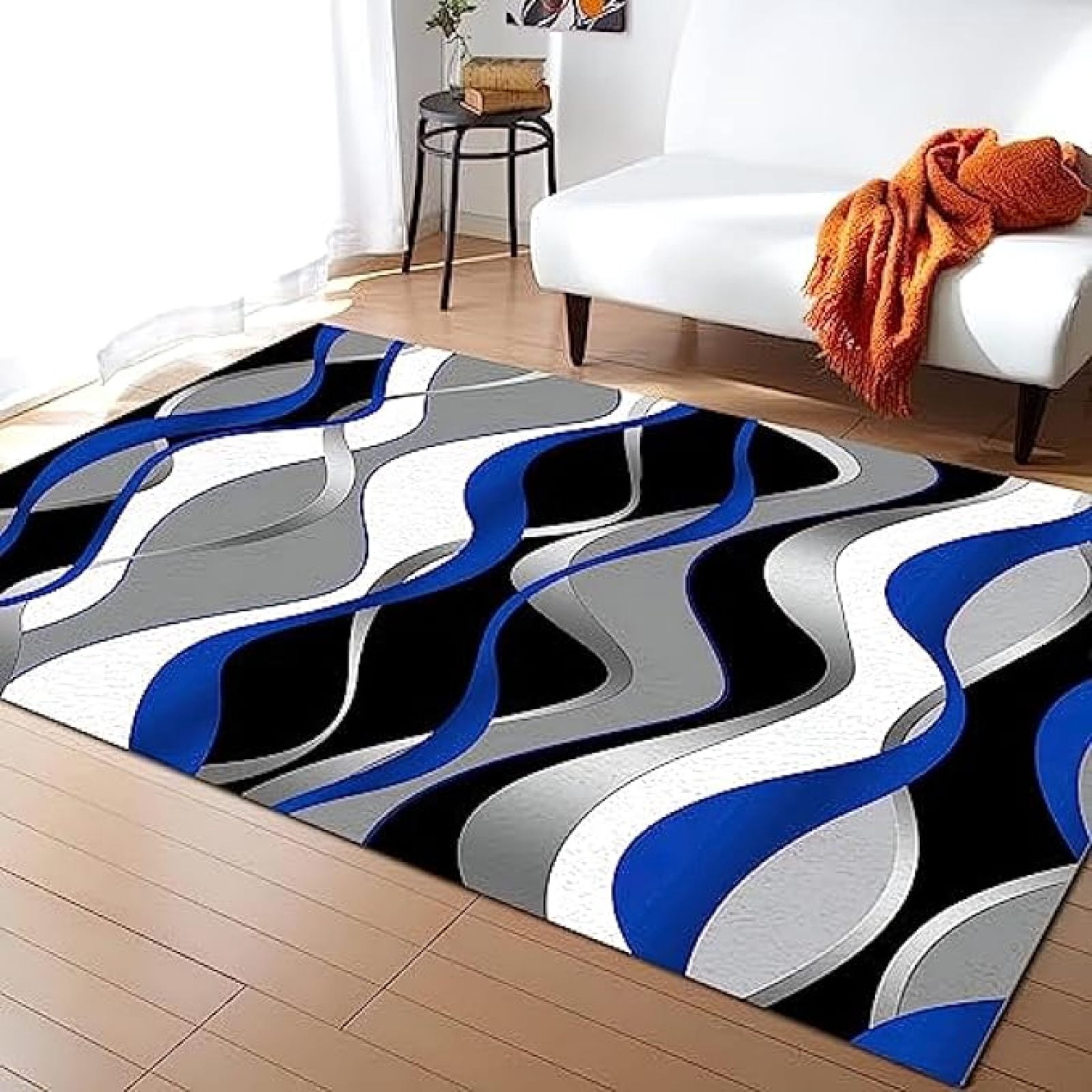 Abstract Blue Gray Black White Wavy Stripes Area Rug, Modern Luxury Art ...