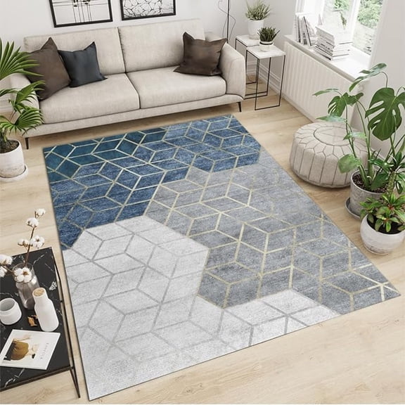 Abstract Blue Gray Geometric Area Rug, 3D Gold Rectangular Lines Rugs For Living Room, Low Pile Soft Non-Slip Carpet For Bedroom Kitchen Dining Room Home Office Decor Floor Mat 5x7ft