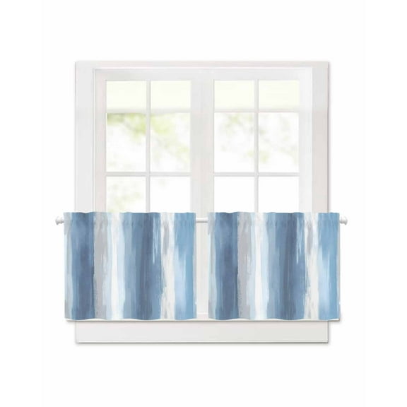 Abstract Blue Gray Stripes Short Blackout Curtains 24 Inch Long Watercolors Rod Pocket Kitchen Curtains, 2 Panels Thermal Insulated Room Darkening Drapes for Bedroom, 30"W x 24"L