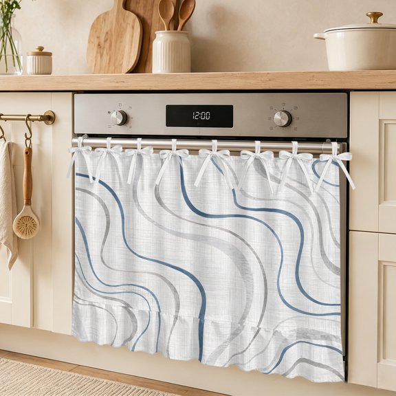 Abstract Blue Gray Wavy Line Oven Skirt Curtain Farmhouse Kitchen Decor 27x20in, Rustic Burlap Texture Back Cabinet Curtain with 8 Tie Top,Waterproof Oil-Proof Dishwasher Stove Door Cover