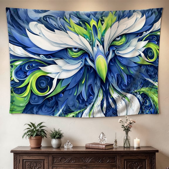 Abstract Blue Green Owl Feather Art Wall tapestry, Large size Printed Horizontal Tapestry blanket, Polyester Fabric Wall Hanging for living room, bedroom, No Installation Required, Indoor, Outdoor, G