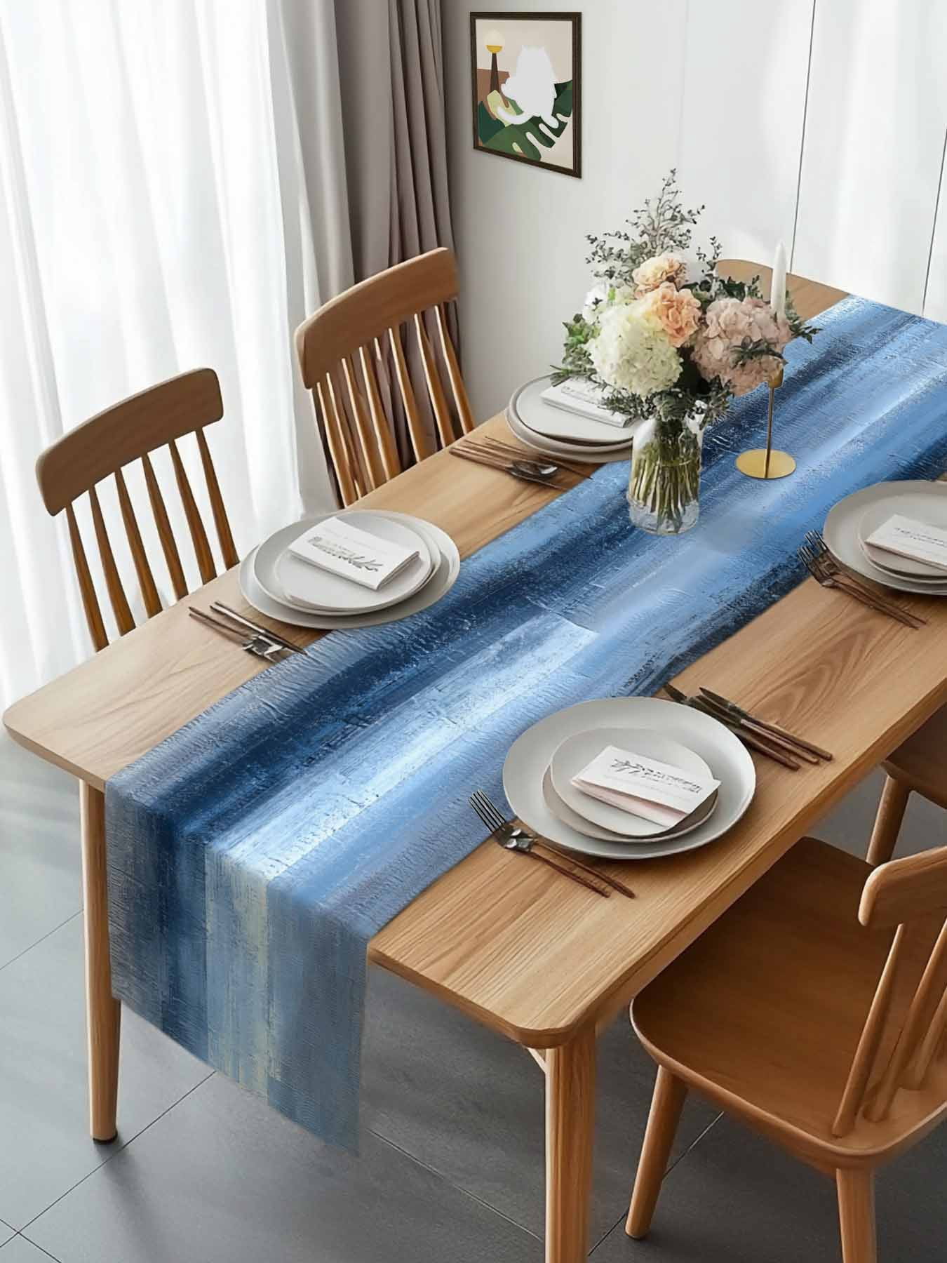 Abstract Blue Grey Oil Painting Table Runner 90 Inches Long, Retro Watercolour Ombre Art Table Runners Tabletop Scarf Kitchen Dining Tables Decoration for Home Party Indoor Outdoor