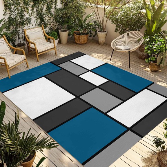 Abstract Blue Grey Outdoor Rug for Patio/Deck/Porch, Non-Slip Large Area Rug 4 x 6 Ft, Modern Geometric Color Blocks Indoor Outdoor Rugs Washable Area Rugs, Reversible Camping Rug Carpet Runner