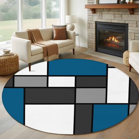 Abstract Blue Grey Round Area Rug 6Ft Washable Circle Rugs for Bathroom Office, Modern Geometric Color Blocks Non-Slip Carpet Floor Mats Indoor Outdoor Carpet Runner Aesthetic Home Decor