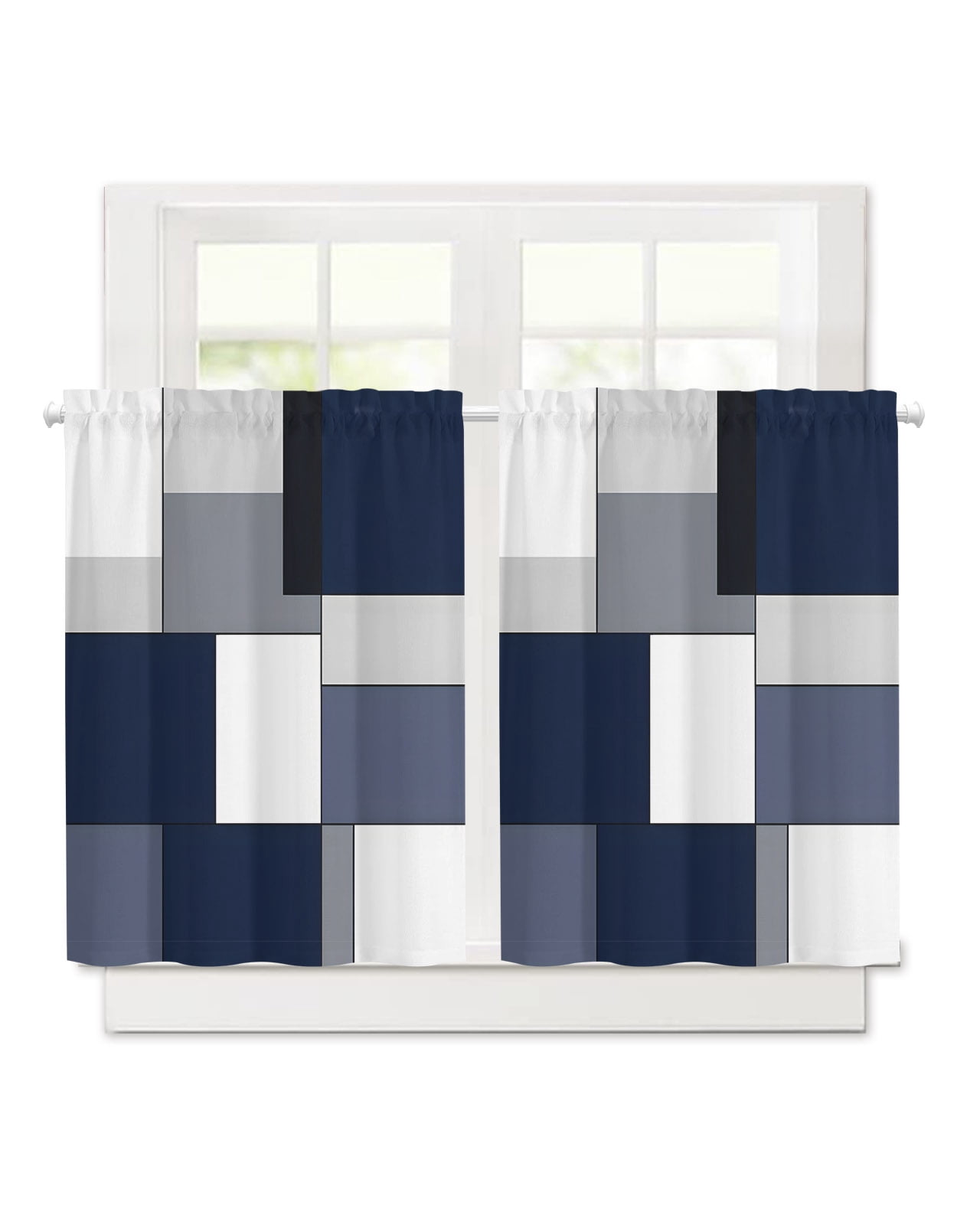 Abstract Blue Grey White Patchwork Short Blackout Curtains 36 Inch Long ...