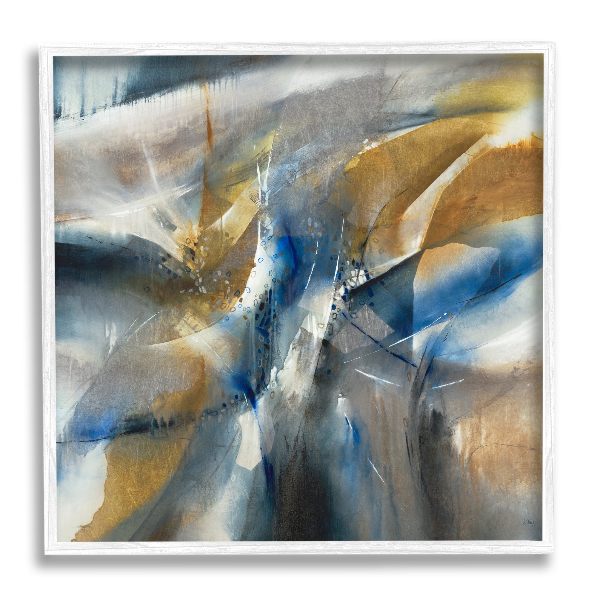 Abstract Blue Grey Yellow Distortion Busy Shape Arrangement Abstract Framed Art Print Wall Art, 17x17
