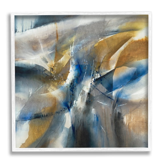 Abstract Blue Grey Yellow Distortion Busy Shape Arrangement Abstract Framed Art Print Wall Art, 17x17