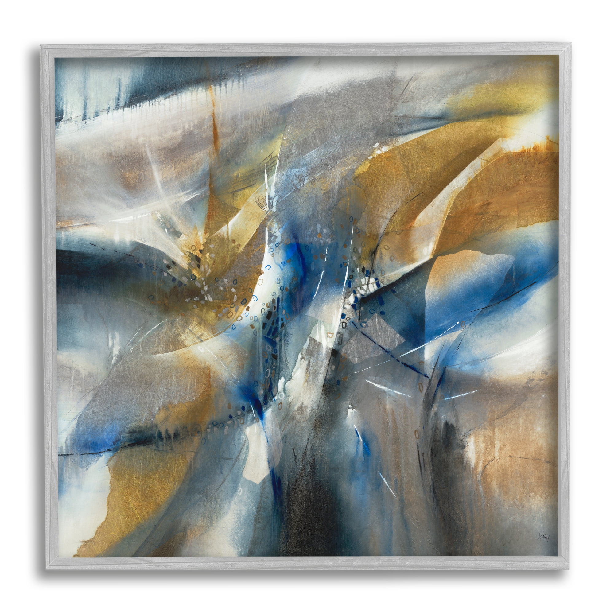 Abstract Blue Grey Yellow Distortion Busy Shape Arrangement Abstract Framed Art Print Wall Art, 17x17