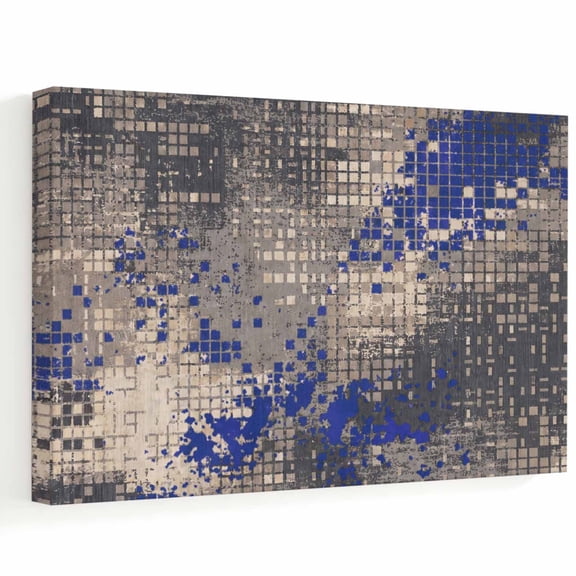 Abstract Blue Grid Canvas Wall Art, Minimalist Gray Pixelated Blocks Geometric Wooden‑Stretched Canvas Print Artwork, Home Wall Decor for Living Room Bedroom Office 12"Lx8"W