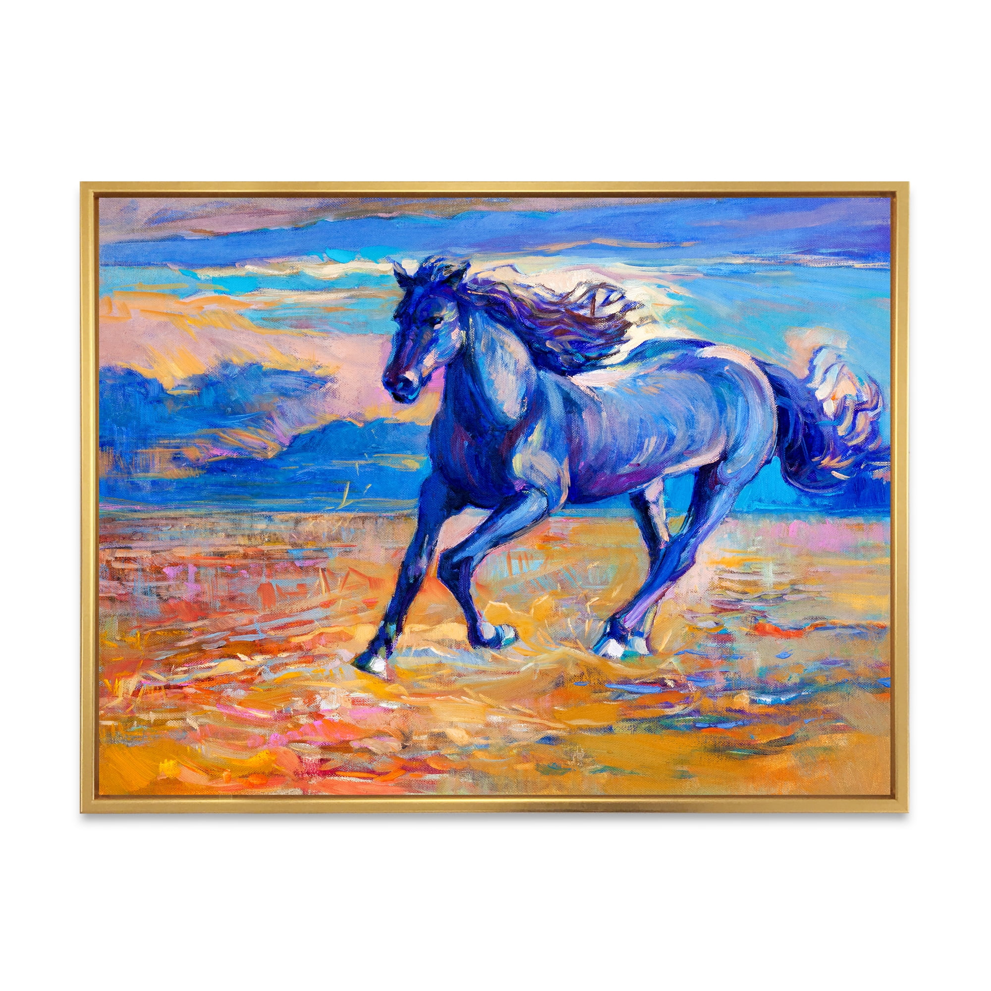 Abstract Blue Horse Galloping Over The Prairie 20 in x 12 in Framed Painting Canvas Art Print, by Designart
