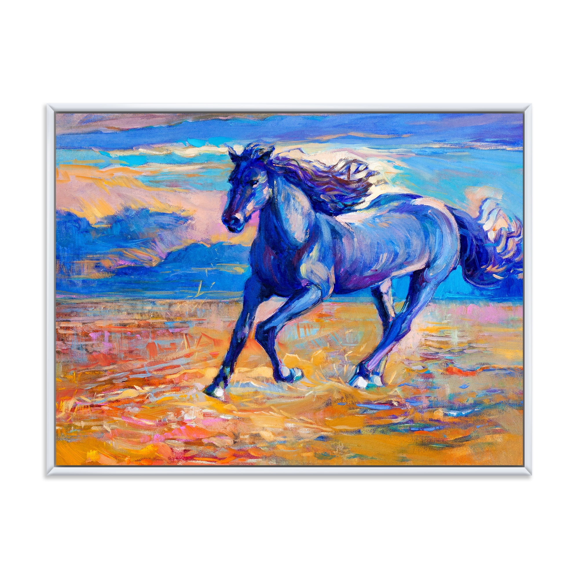 Abstract Blue Horse Galoping Over The Prairie 32 in x 16 in Framed Painting Canvas Art Print, by Designart
