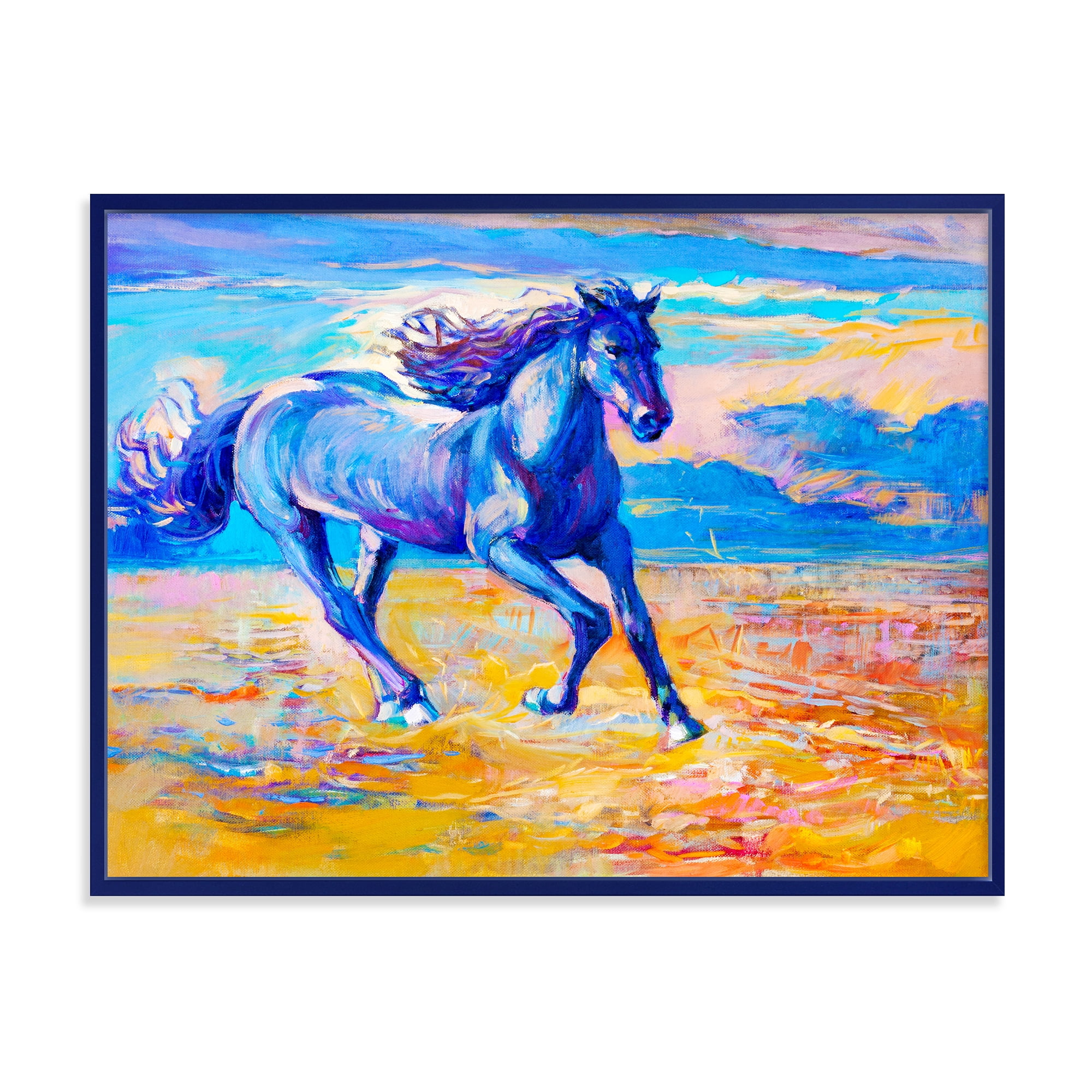 Abstract Blue Horse Galoping Over The Prairie 32 in x 16 in Framed Painting Canvas Art Print, by Designart