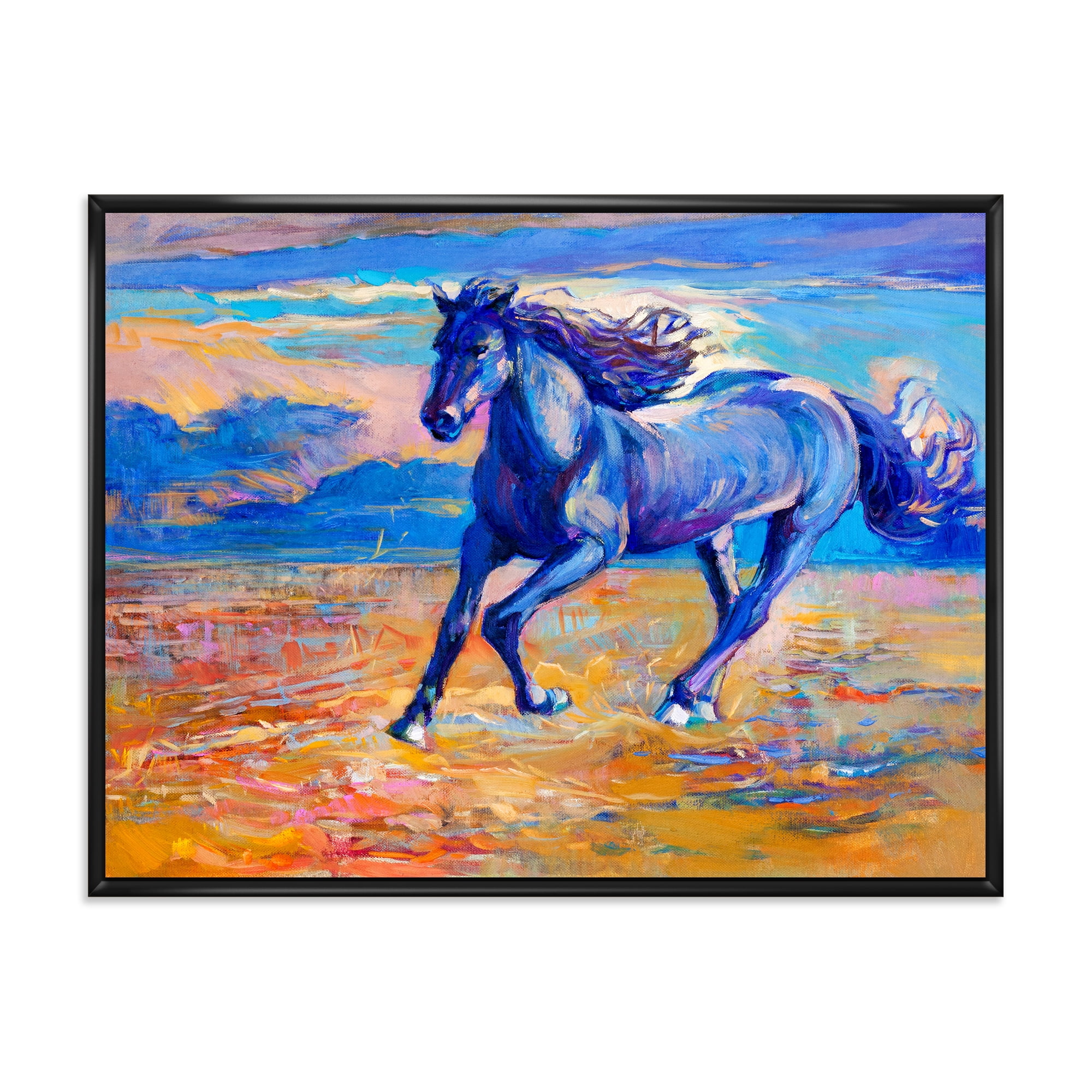 Abstract Blue Horse Galoping Over The Prairie 32 in x 16 in Framed Painting Canvas Art Print, by Designart