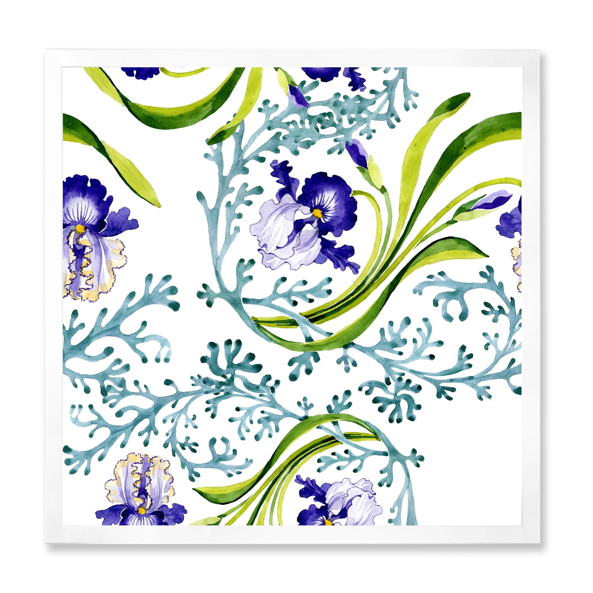 Abstract Blue Iris With Wild Spring Leaves 30 in x 30 in Framed Painting Canvas Art Print, by Designart