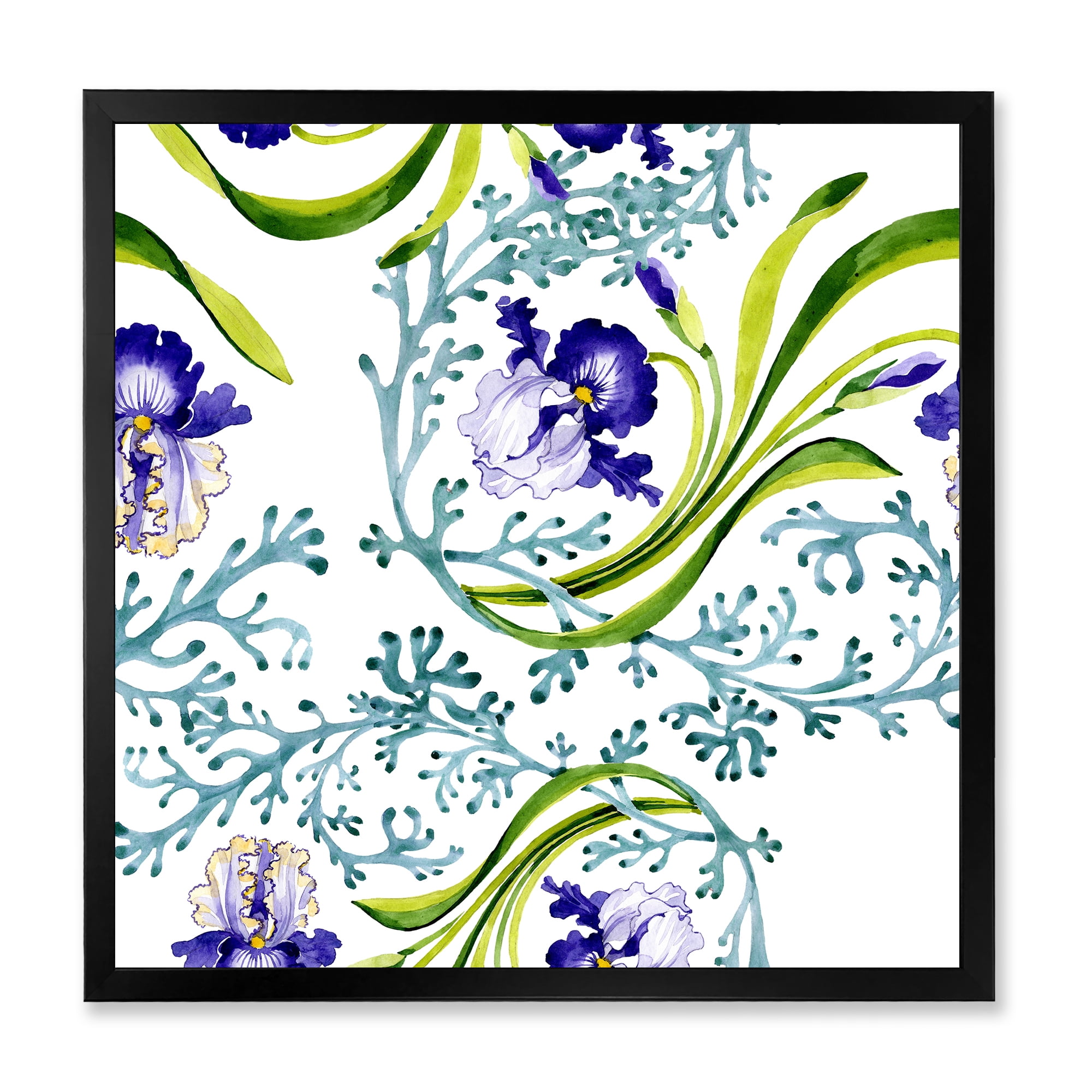 Abstract Blue Iris With Wild Spring Leaves 30 in x 30 in Framed Painting Canvas Art Print, by Designart