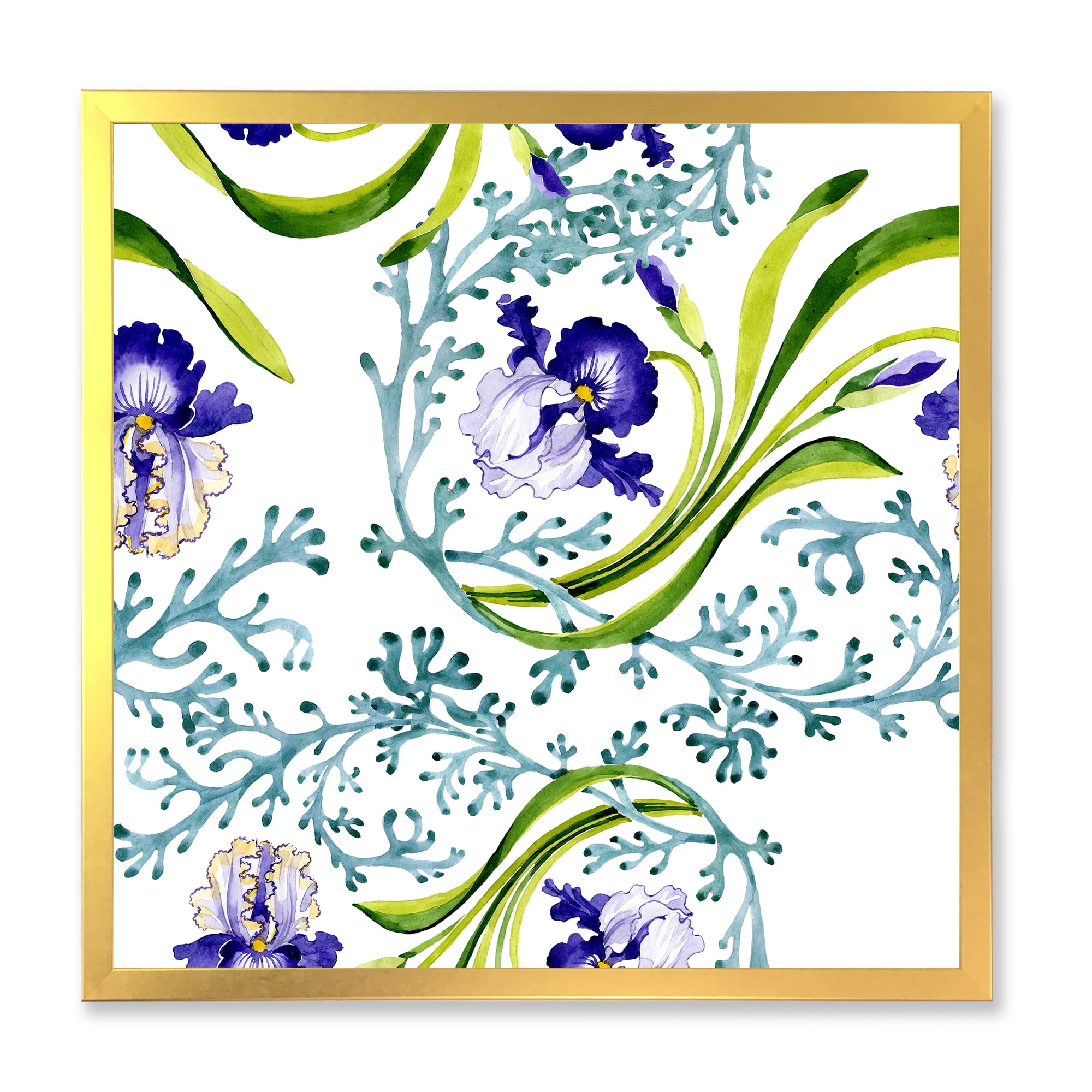 Abstract Blue Iris With Wild Spring Leaves 36 in x 36 in Framed Painting Canvas Art Print, by Designart