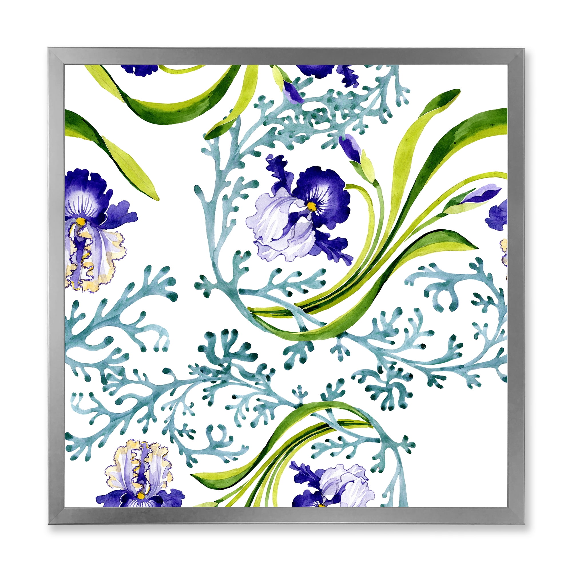 Abstract Blue Iris With Wild Spring Leaves 36 in x 36 in Framed Painting Canvas Art Print, by Designart