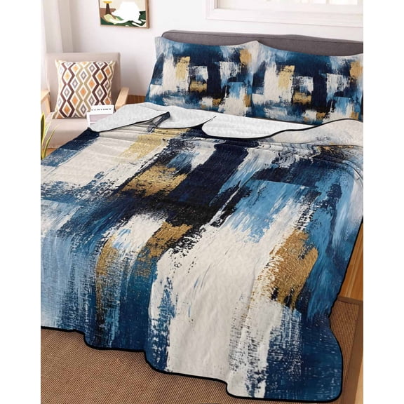 Abstract Blue King Size Down Alternative Comforter, Lightweight Comforter Quilt Bedding Set with Pillow Shams Splatter Foil Painting Grunge Modern Art All Seasons Bed Comforter Duvet Insert 96"x106"